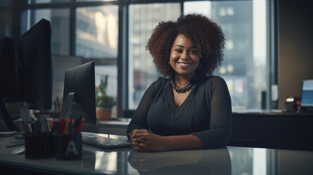 black plus size happy curvy manager modern office successful job ceo business woman photoの素材