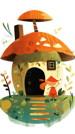 forest hut house fairytale character cartoon illustration fantasy cute drawing book art poster graphic wall art posterの素材