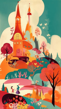 autumn landscape fairytale character cartoon illustration fantasy cute drawing book art poster graphic wall art posterの素材