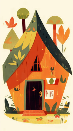forest hut house fairytale character cartoon illustration fantasy cute drawing book art poster graphic wall art posterの素材