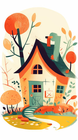 forest hut house fairytale character cartoon illustration fantasy cute drawing book art poster graphic wall art posterの素材
