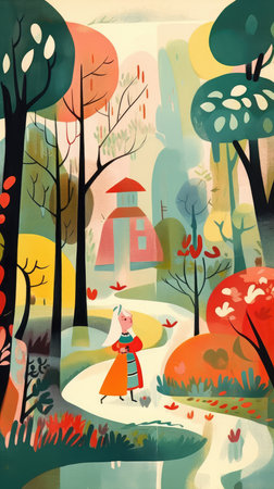 autumn landscape fairytale character cartoon illustration fantasy cute drawing book art poster graphic wall art posterの素材