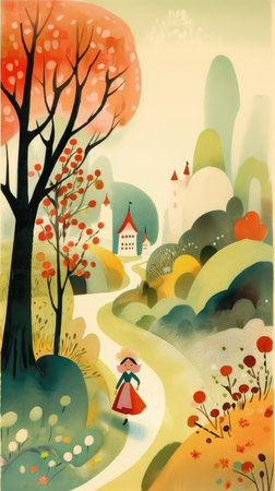 autumn landscape fairytale character cartoon illustration fantasy cute drawing book art poster graphic wall art posterの素材