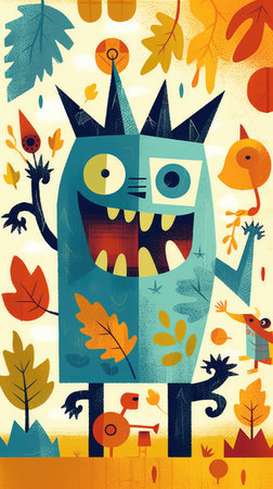 smiling monster fairytale character cartoon illustration fantasy cute drawing book art poster graphic wall art posterの素材