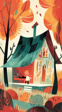 forest hut house fairytale character cartoon illustration fantasy cute drawing book art poster graphic wall art posterの素材
