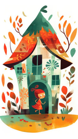 forest hut house fairytale character cartoon illustration fantasy cute drawing book art poster graphic wall art posterの素材