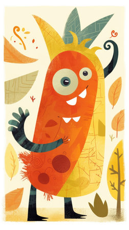 smiling monster fairytale character cartoon illustration fantasy cute drawing book art poster graphic wall art posterの素材