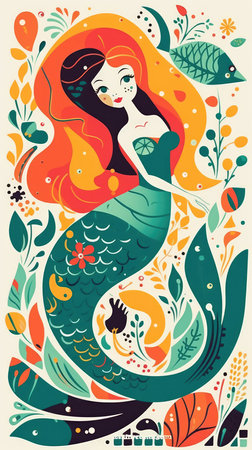 mermaid fairytale character cartoon illustration fantasy cute drawing book art poster graphic wall art posterの素材