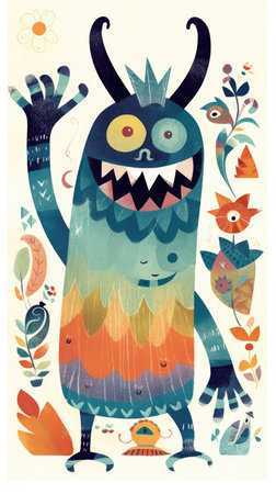 smiling monster fairytale character cartoon illustration fantasy cute drawing book art poster graphic wall art posterの素材