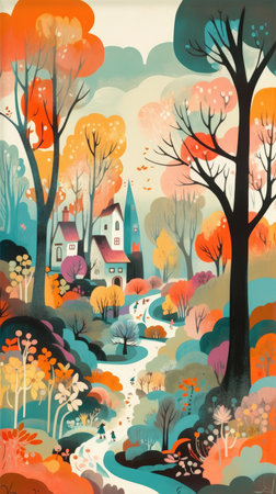 autumn landscape fairytale character cartoon illustration fantasy cute drawing book art poster graphic wall art posterの素材