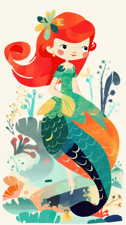 mermaid fairytale character cartoon illustration fantasy cute drawing book art poster graphic wall art posterの素材