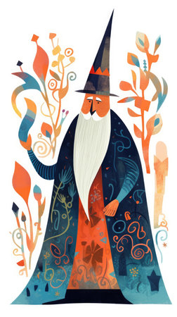 wizard old beard wizard caster fairytale character cartoon illustration fantasy cute drawing book art poster graphic wall art posterの素材