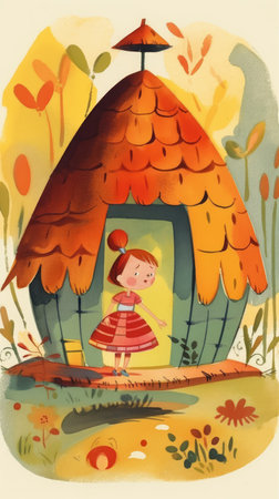 forest hut house fairytale character cartoon illustration fantasy cute drawing book art poster graphic wall art posterの素材