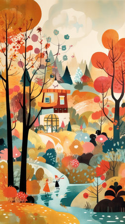 autumn landscape fairytale character cartoon illustration fantasy cute drawing book art poster graphic wall art posterの素材