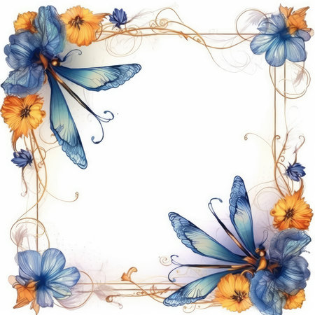 dragonfly Floral frame greeting card scrapbooking watercolor gentle illustration border wedding romantic wall artの素材
