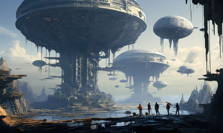 levitation island ghostpunk landscape city mystic poster alien steampunk wallpaper fantastic movie wall art posterの素材
