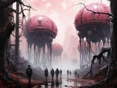 ghostpunk landscape city mystic poster alien steampunk wallpaper fantastic movie wall art posterの素材