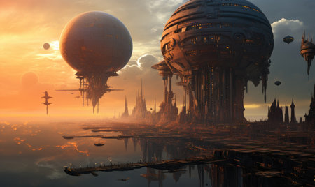 levitation island ghostpunk landscape city mystic poster alien steampunk wallpaper fantastic movie wall art posterの素材