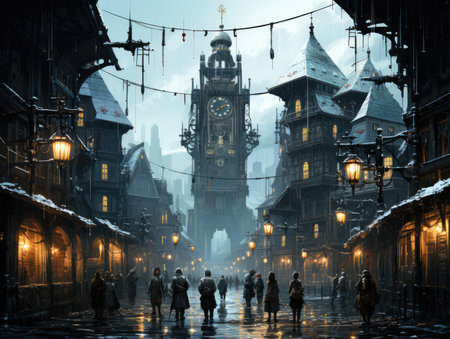 ghostpunk landscape city mystic poster alien steampunk wallpaper fantastic movie wall art posterの素材