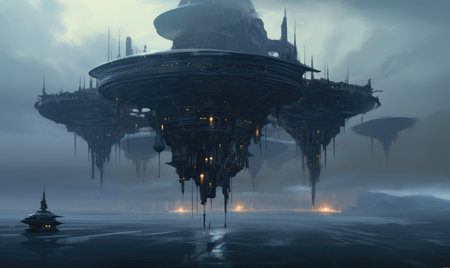 levitation island ghostpunk landscape city mystic poster alien steampunk wallpaper fantastic movie wall art posterの素材