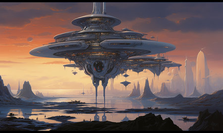 levitation island ghostpunk landscape city mystic poster alien steampunk wallpaper fantastic movie wall art posterの素材