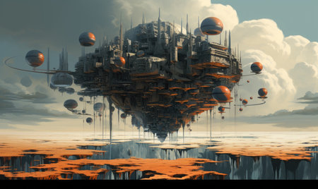 levitation island ghostpunk landscape city mystic poster alien steampunk wallpaper fantastic movie wall art posterの素材