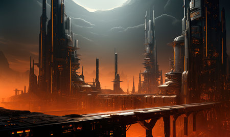 ghostpunk landscape city mystic poster alien steampunk wallpaper fantastic movie wall art posterの素材