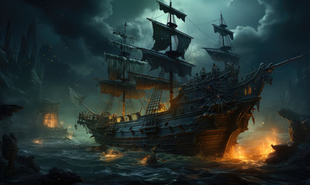 ship sea ocean old pirate landscape city mystic poster alien steampunk wallpaper fantasticの素材