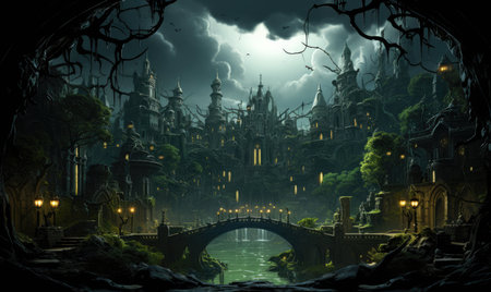 ghostpunk landscape city mystic poster alien steampunk wallpaper fantastic movie wall art posterの素材