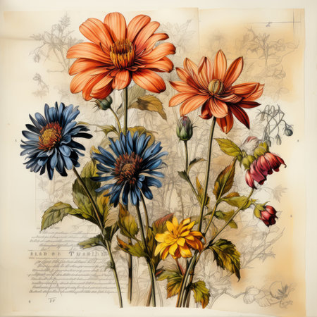 Botanical Scrapbook Sketches flowers illustration collage postcard print bouquet posterの素材