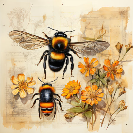 bumblebee bee Botanical Scrapbook Sketches flowers illustration collage postcard print bouquet posterの素材