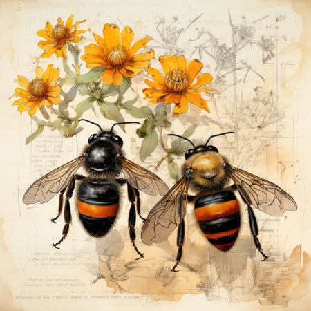 bumblebee bee Botanical Scrapbook Sketches flowers illustration collage postcard print bouquet posterの素材