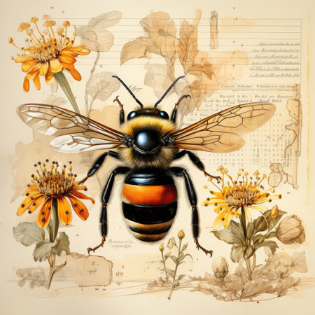 bumblebee bee Botanical Scrapbook Sketches flowers illustration collage postcard print bouquet posterの素材