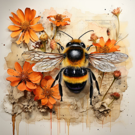bumblebee bee Botanical Scrapbook Sketches flowers illustration collage postcard print bouquet posterの素材