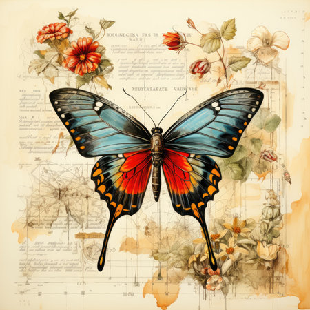butterfly Botanical Scrapbook Sketches flowers illustration collage postcard print bouquet posterの素材