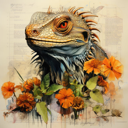 lizard Botanical Scrapbook Sketches flowers illustration collage postcard print bouquet posterの素材