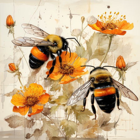bumblebee bee Botanical Scrapbook Sketches flowers illustration collage postcard print bouquet posterの素材