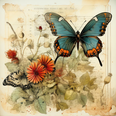 butterfly Botanical Scrapbook Sketches flowers illustration collage postcard print bouquet posterの素材