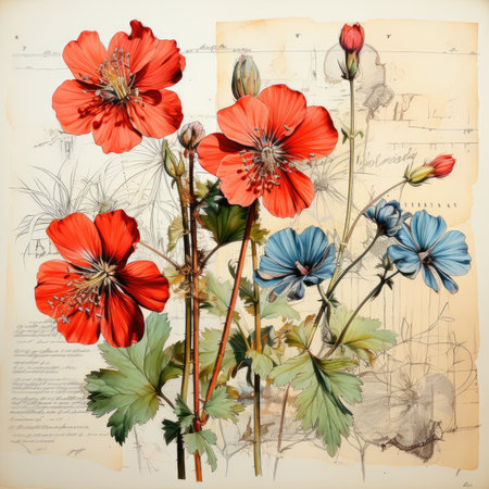 geranium Botanical Scrapbook Sketches flowers illustration collage postcard print bouquet posterの素材