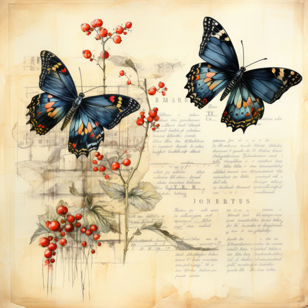 butterfly Botanical Scrapbook Sketches flowers illustration collage postcard print bouquet posterの素材