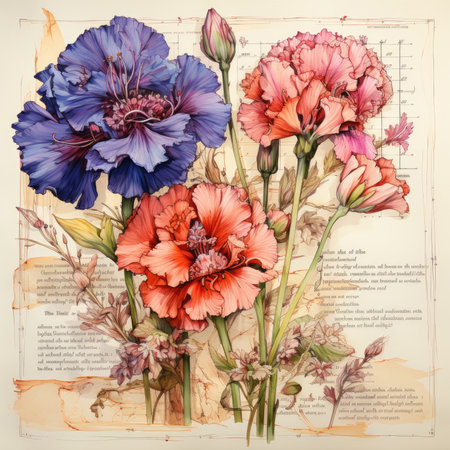 carnation Botanical Scrapbook Sketches flowers illustration collage postcard print bouquet posterの素材