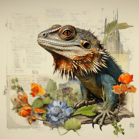 lizard Botanical Scrapbook Sketches flowers illustration collage postcard print bouquet posterの素材