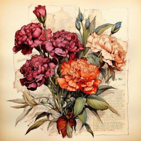 carnation Botanical Scrapbook Sketches flowers illustration collage postcard print bouquet posterの素材