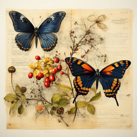 butterfly Botanical Scrapbook Sketches flowers illustration collage postcard print bouquet posterの素材