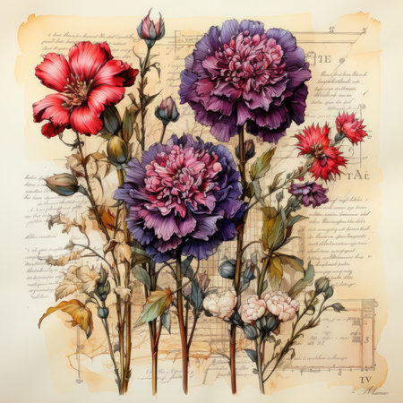 carnation Botanical Scrapbook Sketches flowers illustration collage postcard print bouquet posterの素材