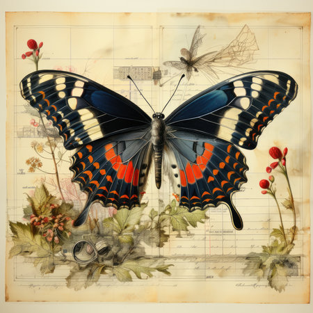 butterfly Botanical Scrapbook Sketches flowers illustration collage postcard print bouquet posterの素材