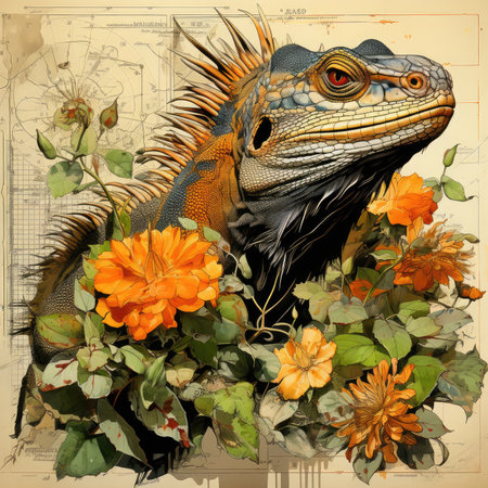 lizard Botanical Scrapbook Sketches flowers illustration collage postcard print bouquet posterの素材