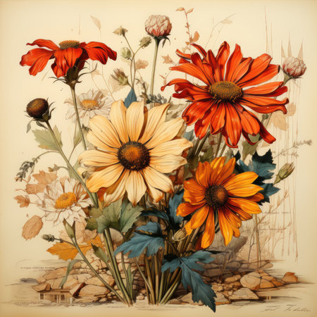 chamomile Botanical Scrapbook Sketches flowers illustration collage postcard print bouquet posterの素材