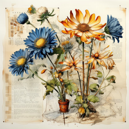 chamomile Botanical Scrapbook Sketches flowers illustration collage postcard print bouquet posterの素材