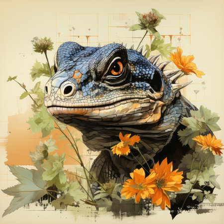 lizard Botanical Scrapbook Sketches flowers illustration collage postcard print bouquet posterの素材